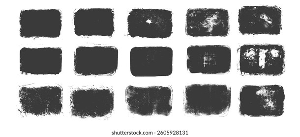 Quotation ink grunge set. Rectangle callout frames. Linocut rolled paint black text boxes tag. Vector handmade brayer stamp smudged texture. Rough paint decorative irregular border.