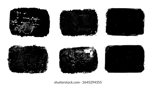 Quotation ink grunge set. Rectangle callout frames. Linocut rolled paint black text boxes tag. Vector handmade brayer stamp smudged texture. Rough paint decorative irregular border.
