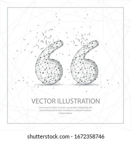 Quotation mark digitally drawn in the form of broken a part triangle shape and scattered dots low poly wire frame.