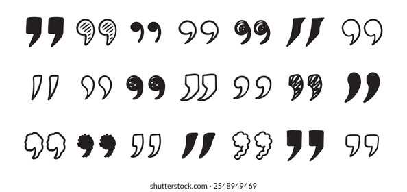 Quotation mark doodle hand drawn set. Quotation marks drawing for quotes template. Vector illustration