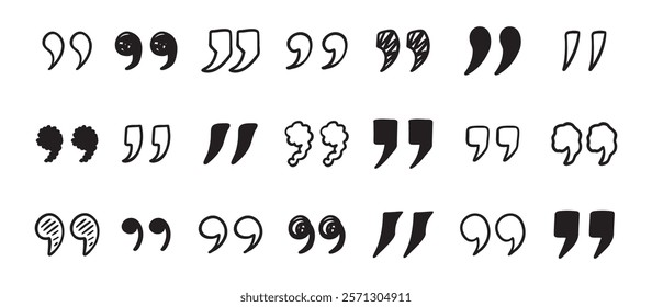 Quotation mark doodle hand drawn set. Quotation marks drawing for quotes template. Vector illustration