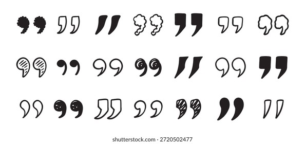 Handgezeichneter Satz für Anführungszeichen-Doodle. Zeichnen von Anführungszeichen für Anführungszeichen-Vorlagen. Vektorgrafik