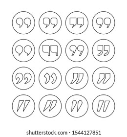 Quotation mark icon set, outline, linear quote marks collection, vector illustration.