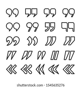 Quotation mark icon set, outline, linear quote marks collection, vector illustration.