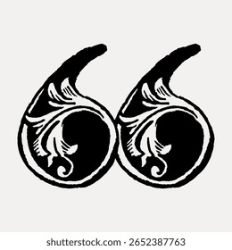 Quotation mark sign in classic medieval art illustration isolated on white, vector. Creative font and typography letter, isolated vector. Vintage floral font.