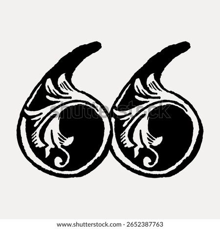 Quotation mark sign in classic medieval art illustration isolated on white, vector. Creative font and typography letter, isolated vector. Vintage floral font.