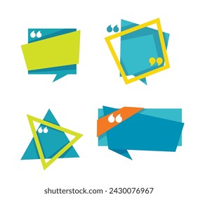 Quotation mark and speech bubbles isolated icons. Inverted comas and triangular and square, rectangular and trapezoidal frames. Article or message, sticker or logo templates. Vector in flat style