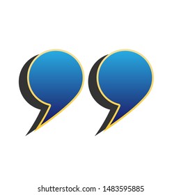 Quotation Mark Symbol. Blue icon with gold contour with dark gray shadow at white background. Illustration.