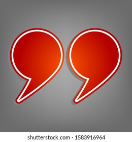 Quotation Mark Symbol. Flat red icon with linear white icon with gray shadow at grayish background. Illustration.