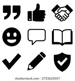 Quotation mark thumbs up handshake happy face speech bubble open book check mark pencil shield