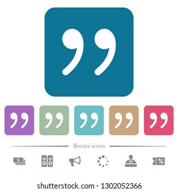 Quotation mark white flat icons on color rounded square backgrounds. 6 bonus icons included