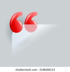 Quotation marks in 3D red glassmorphism transparent decoration. Creative blue quotation marks and place with sample text, message box - vector website element