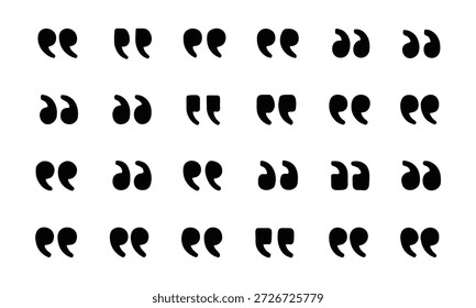 In Zeilen angeordnete Anführungszeichen. Zitatsymbol, Vektorgrafik. Anführungszeichen und -symbol. Satz von Anführungszeichen . Anführungszeichen-Symbolsammlung auf weißem Hintergrund. doppelte Anführungszeichen, Vektorsymbol.