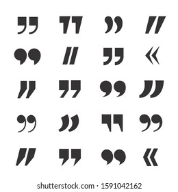 Quotation marks black and white glyph icons set. Speech punctuation and double quotes monochrome symbols collection isolated on white background. Text excerption typography marking