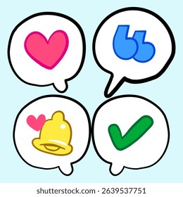 Quotation Marks Green Check mark Heart  love message Bell Notification in Speech Bubble Icon, conversation chat social media graphic sign illustration