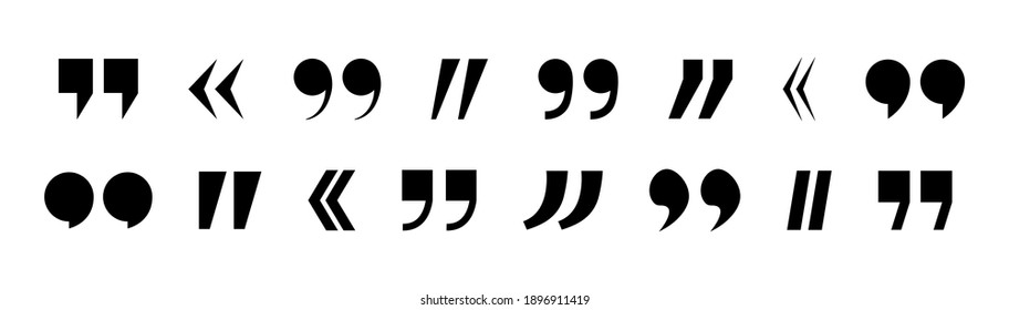 Quotation marks. Icons of quote for speech. Comma - sign punctuation for block quote, text, discussion. Set of black double symbols for citation, chat on white background. Logos of commas. Vector.