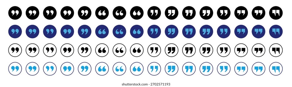 Los Botones redondos del icono de las comillas fijan la colección de Vector azul y negra en fondo transparente