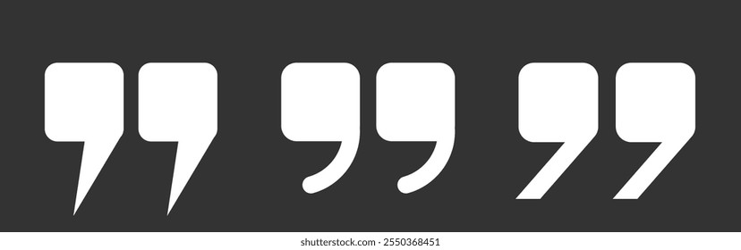 Quotation marks, a set of three isolated black vector icons in the form of square-shaped quotation marks on a white background. Double commas, speech signs icons. Vector EPS 10.