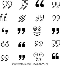 Comillas y caras sonrientes iconos en blanco y negro varios símbolos de cita