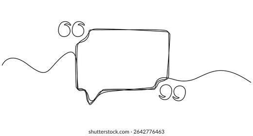 Quotation marks with space for text in a continuous one-stroke pattern. One continuous line of paw prints. Vector illustration, Quote frame. Continuous black lines with with quotation marks speech
