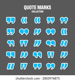 Quotation marks vector collection. Blue quotes icon. Colorful stickers collection. Speech mark symbol.