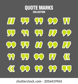 Quotation marks vector collection. Green quotes icon. Colorful stickers collection. Speech mark symbol.