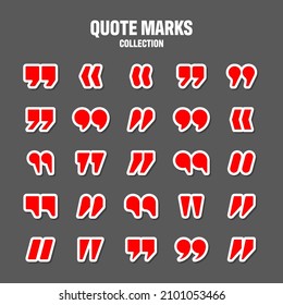 Quotation marks vector collection. Red quotes icon. Colorful stickers collection. Speech mark symbol.