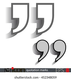 Quotation marks, vector icons for quotes with shadow. Uniquely designed angular and rounded forms, isolated background. The marks can be colored.