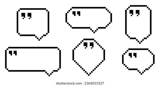 Quotation speech bubble design for text frame. Pixel art message template for comment with textbox and quote mark set. Feedback citation or review border label for communication banner illustration