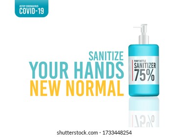 Quote about new normal with hand sanitizer gel and Covid-19 (Coronavirus) pandemic,Coronavirus prevention medical hand sanitizer gel,hydro alcoholic,isolated on white background