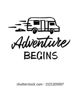 Quote "Adventure Begins". Vector lettering, hand drawn. Black and white illustration.