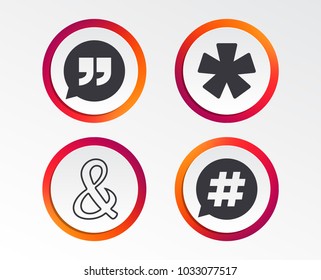 Quote, asterisk footnote icons. Hashtag social media and ampersand symbols. Programming logical operator AND sign. Speech bubble. Infographic design buttons. Circle templates. Vector