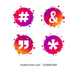 Quote, asterisk footnote icons. Hashtag social media and ampersand symbols. Programming logical operator AND sign. Gradient circle buttons with icons. Random dots design. Vector