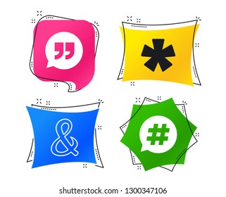 Quote, asterisk footnote icons. Hashtag social media and ampersand symbols. Programming logical operator AND sign. Speech bubble. Geometric colorful tags. Banners with flat icons. Trendy design