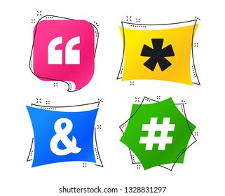 Quote, asterisk footnote icons. Hashtag social media and ampersand symbols. Programming logical operator AND sign. Geometric colorful tags. Banners with flat icons. Trendy design. Vector