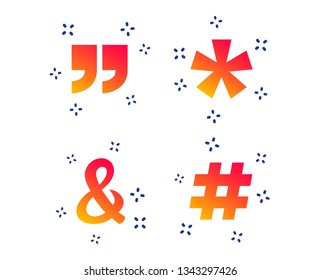 Quote, asterisk footnote icons. Hashtag social media and ampersand symbols. Programming logical operator AND sign. Random dynamic shapes. Gradient quote icon. Vector