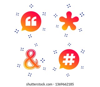 Quote, asterisk footnote icons. Hashtag social media and ampersand symbols. Programming logical operator AND sign. Speech bubble. Random dynamic shapes. Gradient hashtag icon. Vector