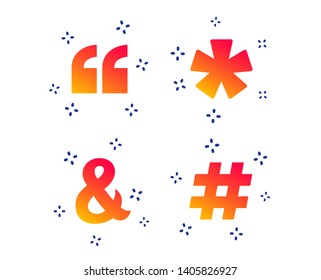 Quote, asterisk footnote icons. Hashtag social media and ampersand symbols. Programming logical operator AND sign. Random dynamic shapes. Gradient quote icon. Vector