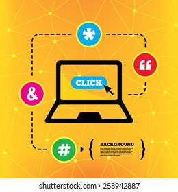 Quote, asterisk footnote icons. Hashtag social media and ampersand symbols. Programming logical operator AND sign. Notebook device orange background with icons. Vector