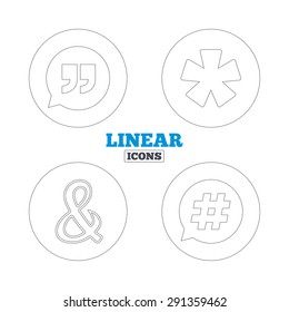 Quote, asterisk footnote icons. Hashtag social media and ampersand symbols. Programming logical operator AND sign. Speech bubble. Linear outline web icons. Vector