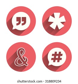 Quote, asterisk footnote icons. Hashtag social media and ampersand symbols. Programming logical operator AND sign. Speech bubble. Pink circles flat buttons with shadow. Vector