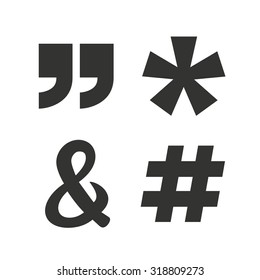 Quote, asterisk footnote icons. Hashtag social media and ampersand symbols. Programming logical operator AND sign. Flat icons on white. Vector