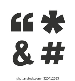 Quote, asterisk footnote icons. Hashtag social media and ampersand symbols. Programming logical operator AND sign. Flat icons on white. Vector
