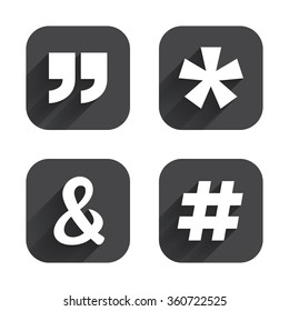 Quote, asterisk footnote icons. Hashtag social media and ampersand symbols. Programming logical operator AND sign. Square flat buttons with long shadow.