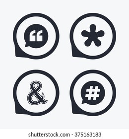 Quote, asterisk footnote icons. Hashtag social media and ampersand symbols. Programming logical operator AND sign. Speech bubble. Flat icon pointers.