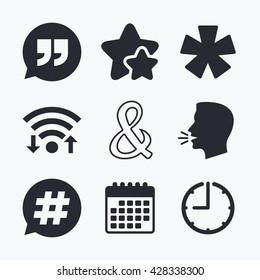 Quote, asterisk footnote icons. Hashtag social media and ampersand symbols. Programming logical operator AND sign. Speech bubble. Wifi internet, favorite stars, calendar and clock. Talking head.