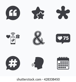 Quote, asterisk footnote icons. Hashtag social media and ampersand symbols. Programming logical operator AND sign. Speech bubble. Flat talking head, calendar icons. Stars, like counter icons. Vector