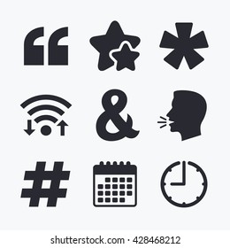 Quote, asterisk footnote icons. Hashtag social media and ampersand symbols. Programming logical operator AND sign. Wifi internet, favorite stars, calendar and clock. Talking head. Vector