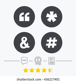 Quote, asterisk footnote icons. Hashtag social media and ampersand symbols. Programming logical operator AND sign. Chat, award medal and report linear icons. Star vote ranking. Vector