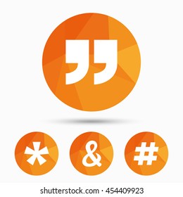 Quote, asterisk footnote icons. Hashtag social media and ampersand symbols. Programming logical operator AND sign. Triangular low poly buttons with shadow. Vector